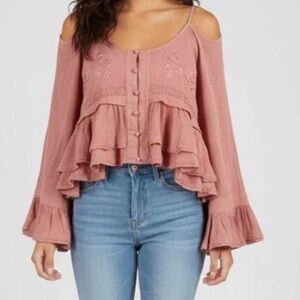 Free People Woodstock Dusty Rose Gauze Open Shoulder Boho Blouse